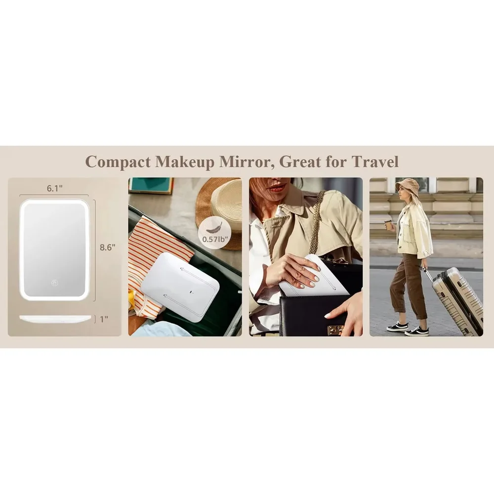 LED Travel Lighted Makeup Mirror 3 Colors Light Modes Portable Mirror with Light